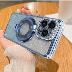 iPhone 14- Luxury Glitter Phone Case with Ring Holder - Silver and blue